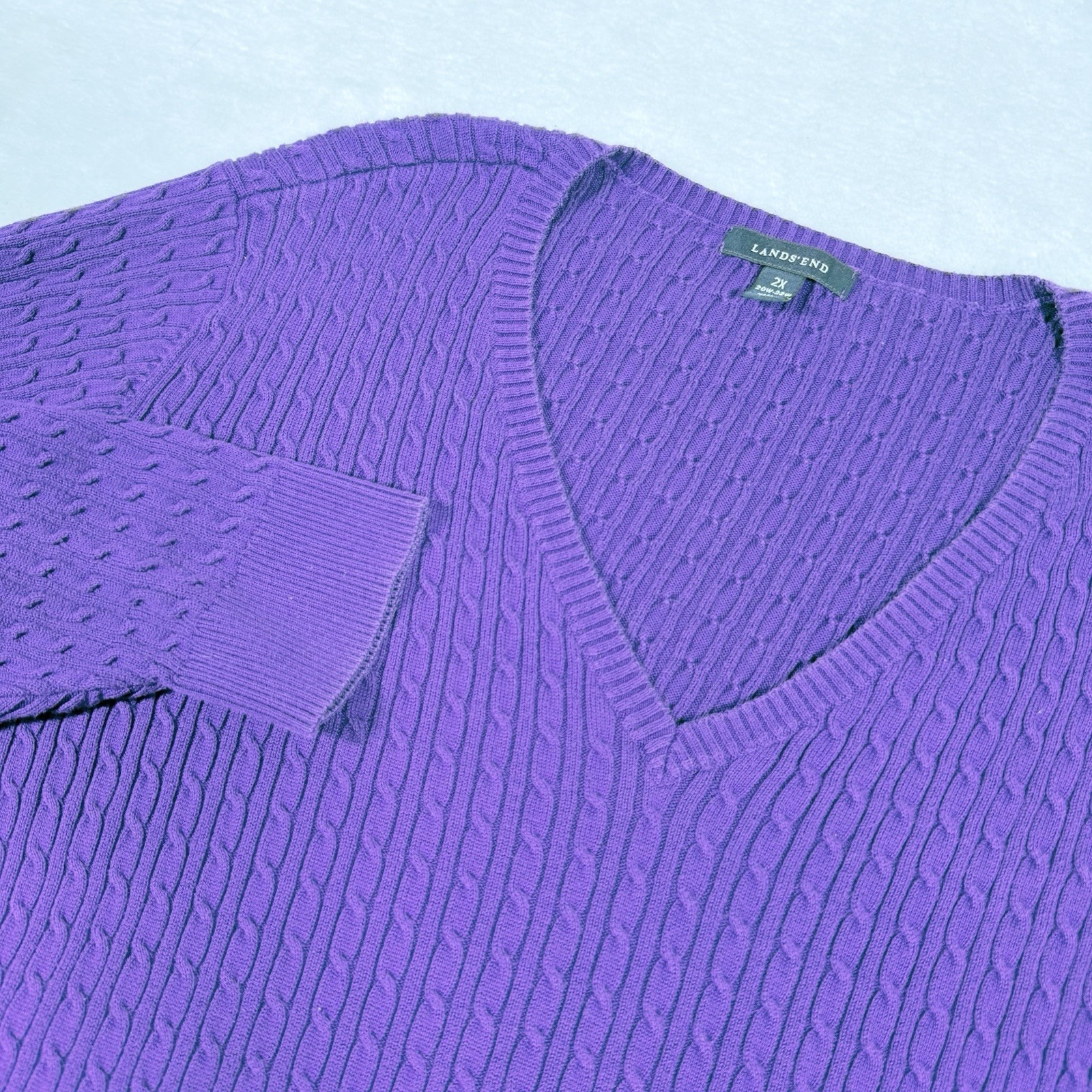 Lands End Womens 2x Purple Supima Cotton Cable Knit V-Neck Sweater 316725